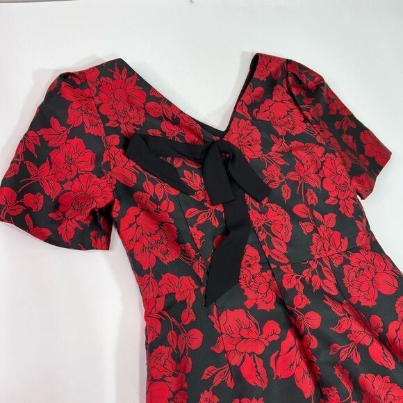 Talbots Dress Women's 8 Black & Red Bow Floral Jacquard A-Line Short Sleeve - Picture 9 of 10